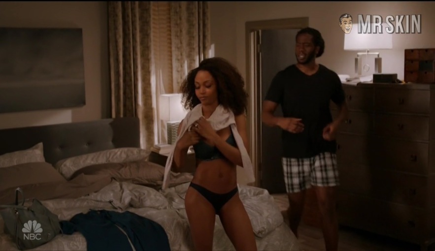 Yaya DaCosta in a short skirt breasts